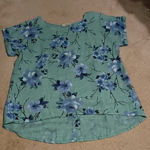 Terzo Millennio Tops - Terzo Millennio 100% Linen Floral Blue and Green Women's Tunic Size L